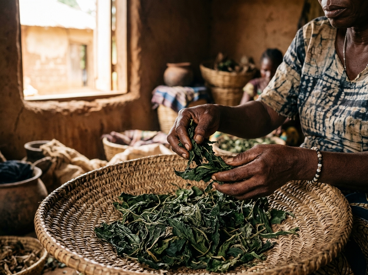 Artisan hands sorting harvest fluted pumpkin leaves