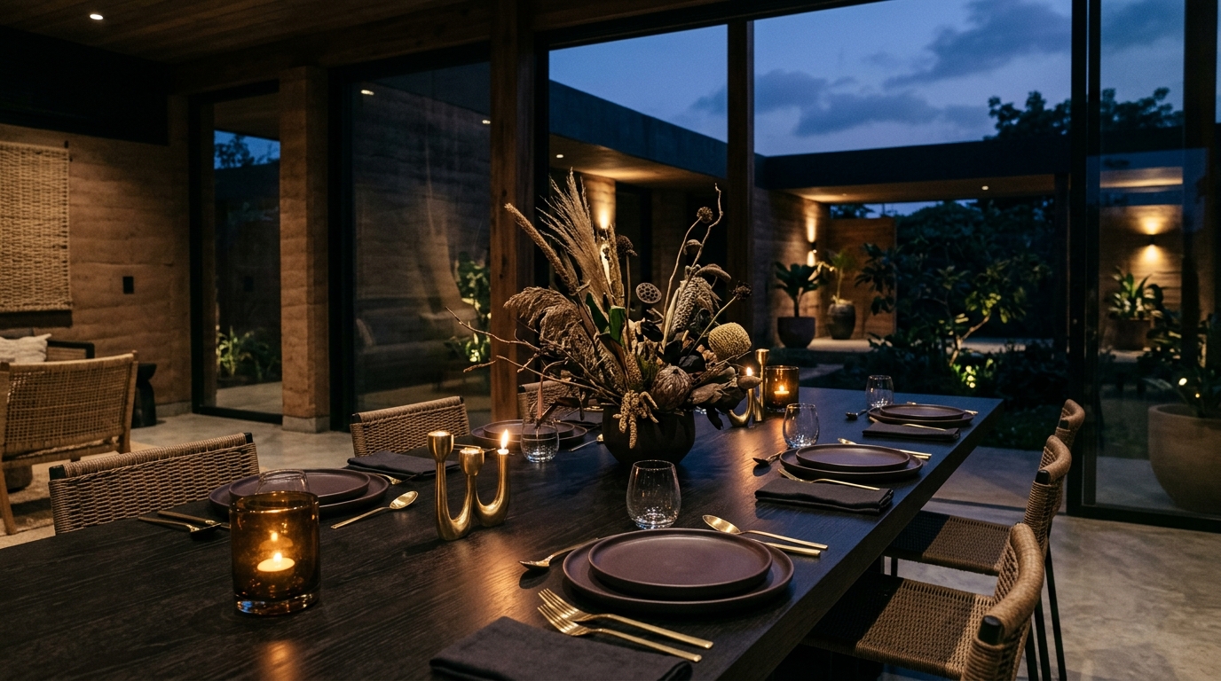 Executive private dining ambiance in a modern West African architectural pavilion