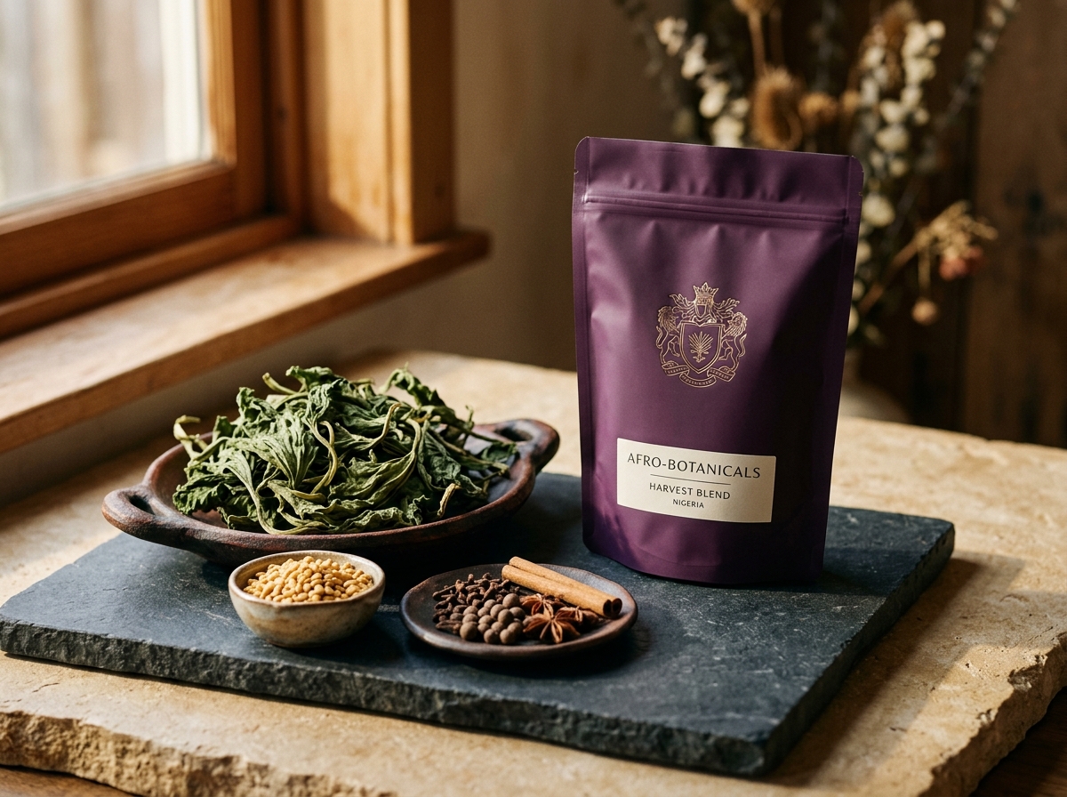 Kabod Crest Agro-Botanical Harvest Collection: Matte Royal Plum standup pouch, dehydrated Ugwu fluted pumpkin leaves, shelled Egusi seeds, and whole African spices