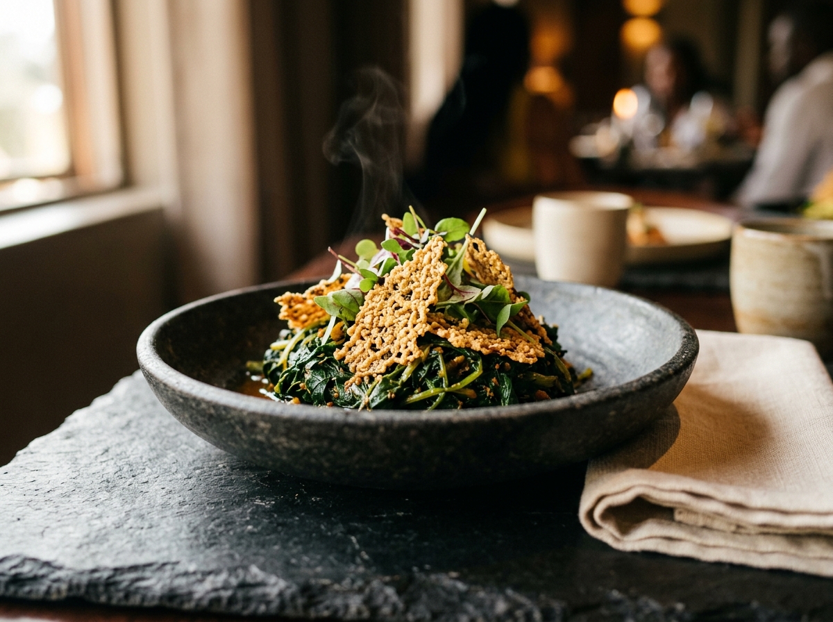 Refined modern West African cuisine featuring simmered wild greens, egusi crisp, and botanical micro-herbs