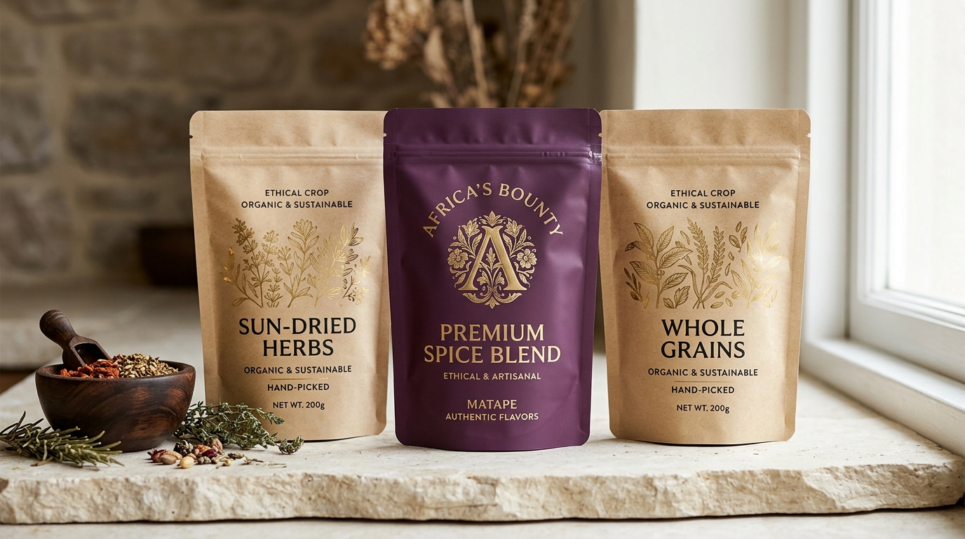Kabod Crest standup barrier pouches in Royal Plum and unbleached kraft